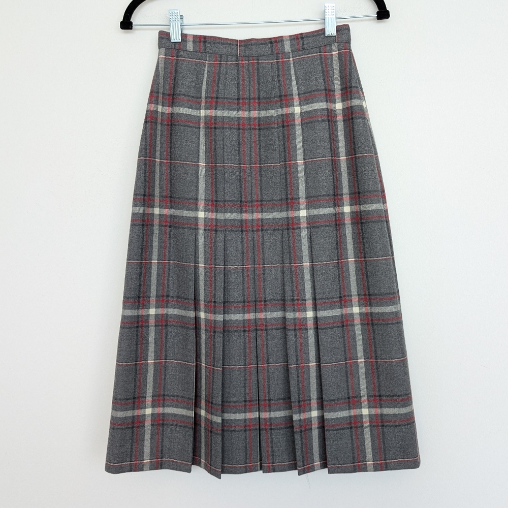 80s Vintage Pleated Plaid Wool St Michael Classic Gray Midi Skirt Sz 10/XS Kilt